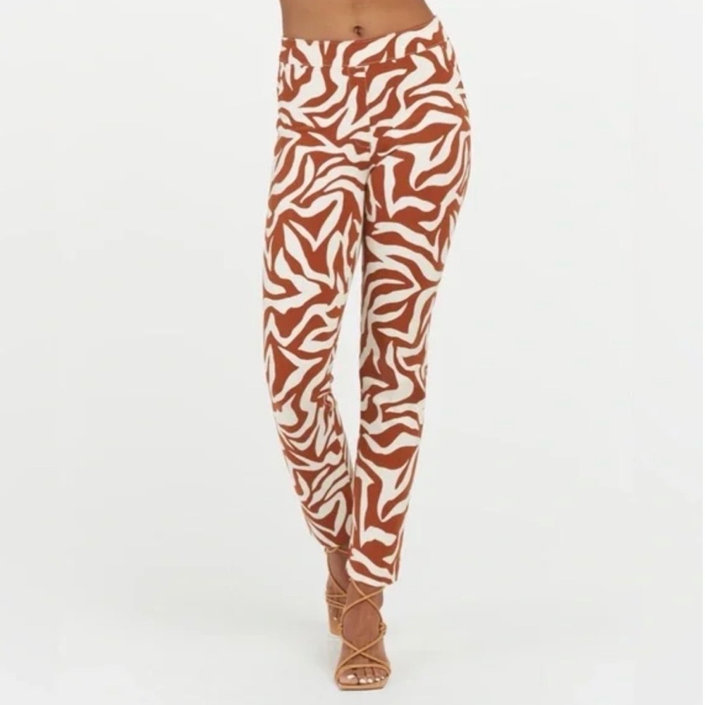 SPANX On-the-Go Animal Print Ankle Slim Straight Pant Brown Cream Small